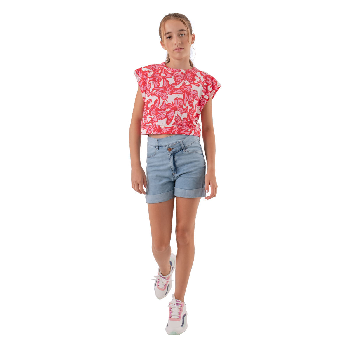 Camisa manga sisa tipo crop con cintura elástica para niña