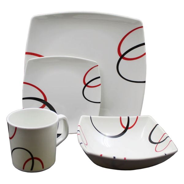 Vajilla-en-Melamina-Aster-Blanca-Rayas-Negras-y-Rojas-Cuadrada-16-Piezas-4-Puestos-Sabana
