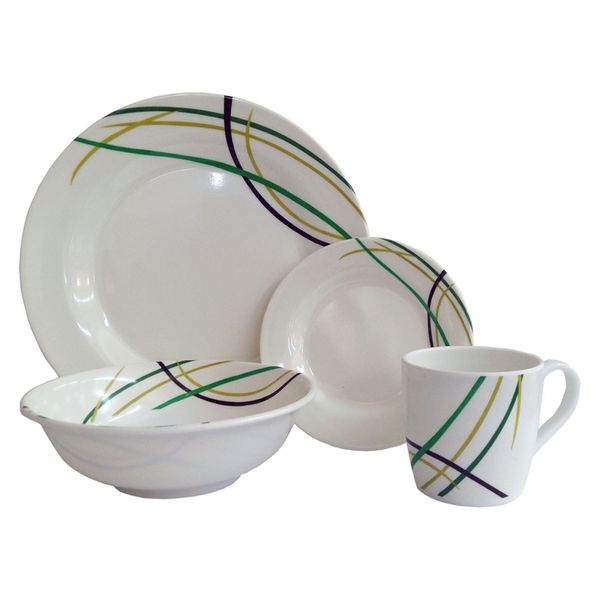 Vajilla-en-Melamina-Clasica-Blanca-Lineas-Verdes-Azules-y-Amarillas-Redonda-16-Piezas-4-Puestos-Sabana