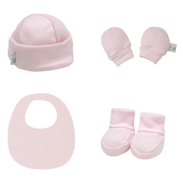 Set-Primer-Dia-4-Piezas-Gorro-Babero-Guantes-y-Patucos-Niñas-Monbaby-0-1M