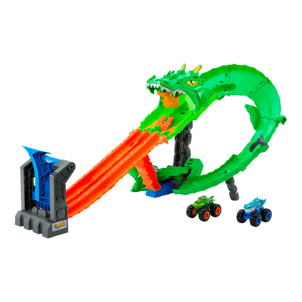 Pista-Monster-Trucks-Tiburones-vs.-Dinosaurios-Destruccion-del-Dragon-Hot-Wheels