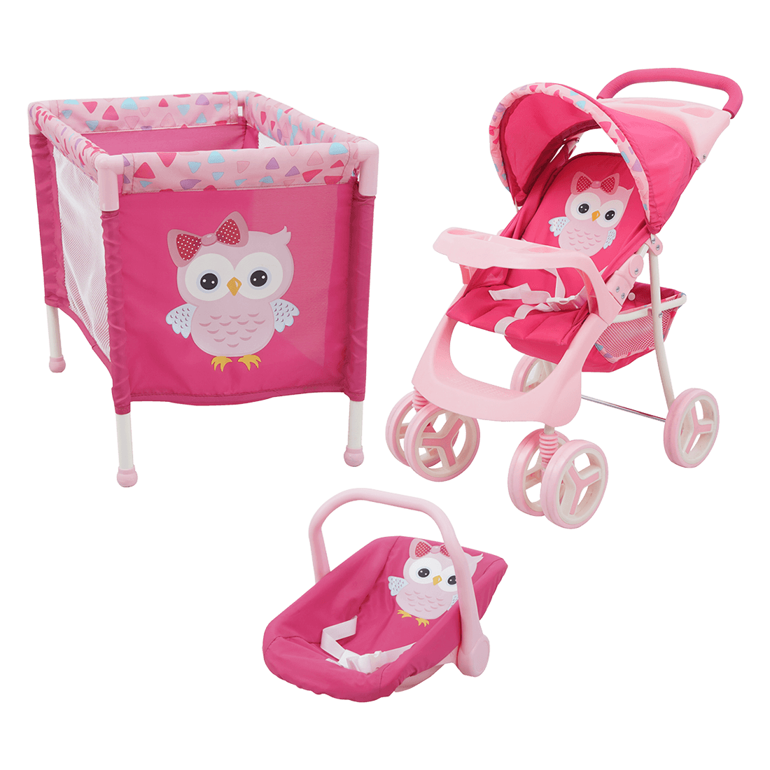 Set Corral, Coche y Portabebé para Muñecas Búhos - Bebesit