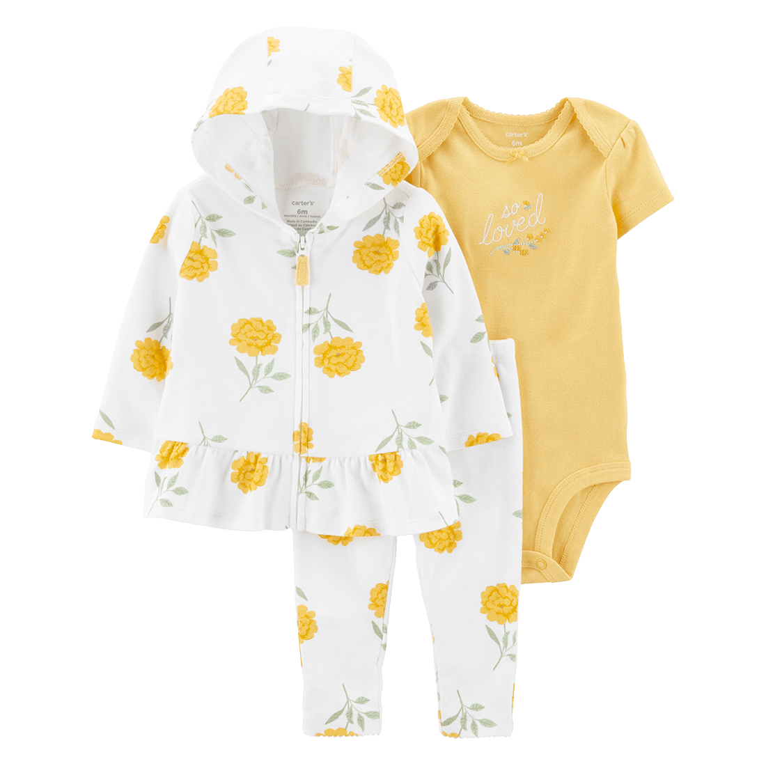 Set Body Amarillo, Chaqueta Flores y Pantalón Niñas - Carter's